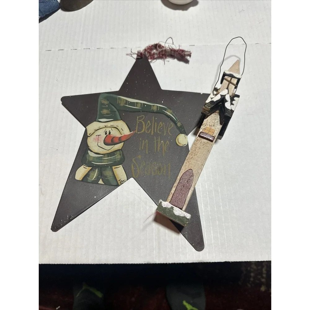 Snowman Ornament Hand Painted Star Country Metal Handmade with primitive house